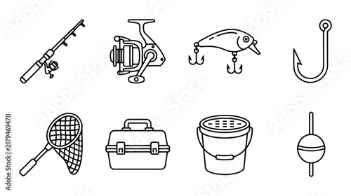 Fishing Gear Icons Set: Rod, Reel, Lure, Hook, Net, Tackle Box, Bucket, Bobber