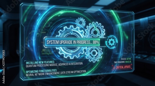 Futuristic holographic interface showing system upgrade in progress with glowing digital gears