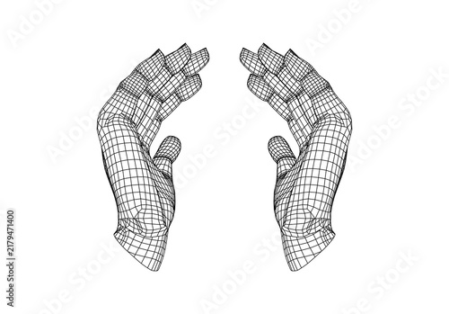 Wireframe 3d mesh of two open hands presenting symbolizing generosity and welcome gesture