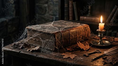 An old, dusty book covered in cobwebs sits on a wooden table. Nearby, a lit candle casts a warm glow. Dry leaves are scattered around, enhancing the rustic atmosphere.