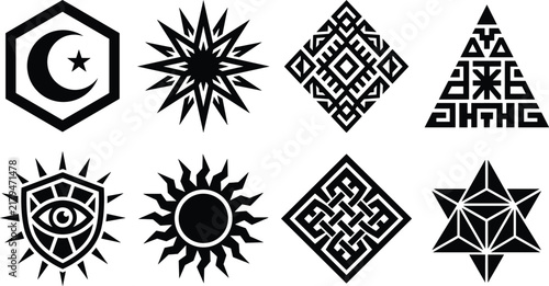 Collection of black mystical esoteric symbols, sacred geometry, occult signs, and alchemy emblems