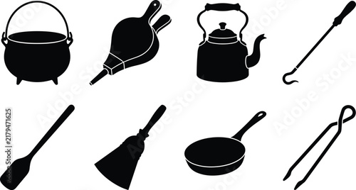Collection of vintage fireplace tools and cast iron cookware black silhouettes isolated on white