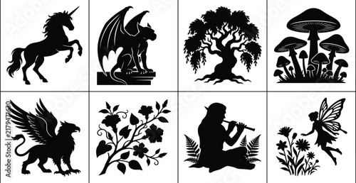 Fantasy and mythology silhouette collection featuring mythical creatures unicorn griffin fairy gargoyle and magic tree