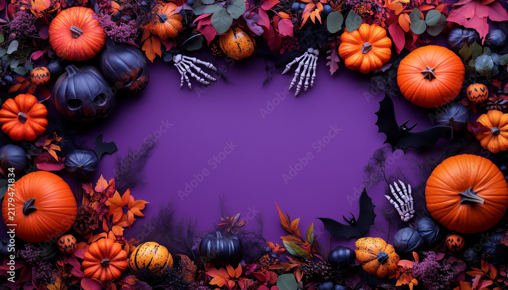 Fototapeta premium Halloween flat lay background with pumpkins and skeleton hands