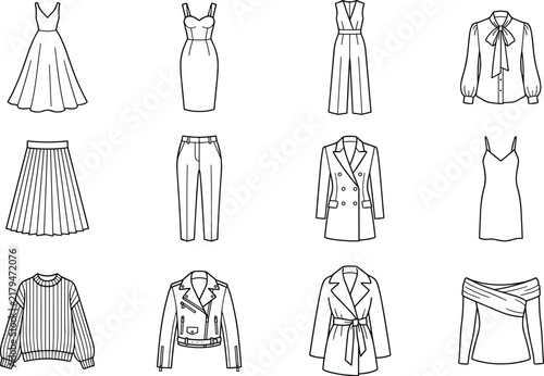 Womens fashion apparel and trendy garments line icons vector set