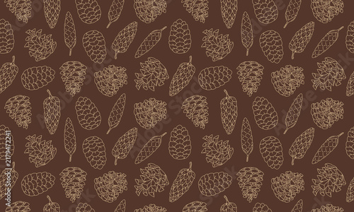Seamless botanical pattern of hand drawn pine cones in beige line art on a warm brown background, ideal for seasonal wrapping paper, textiles, wallpaper and rustic designs
