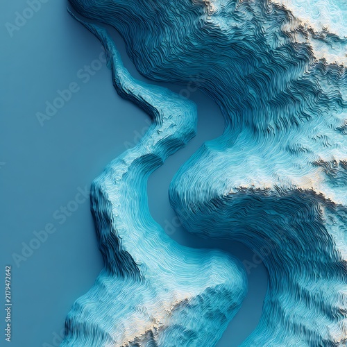 Abstract 3D Blue Topographic Map with Layered Contour Lines and a Flowing River Valley. Organic Wavy Texture.