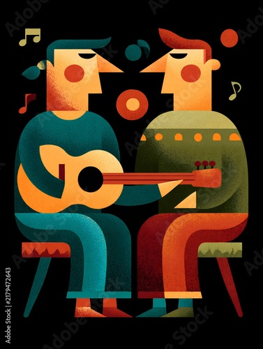 Two Men Playing Acoustic Guitar with Music Notes, Stylized Textured Illustration