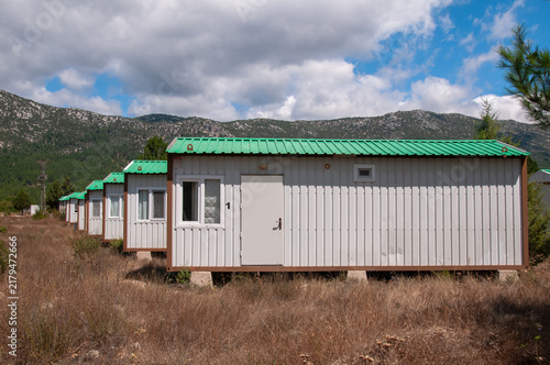 Container homes lined up one after another.