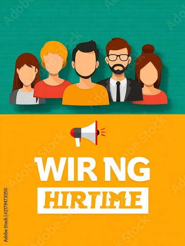 We're Hiring Announcement with Diverse Business People Avatars and Megaphone