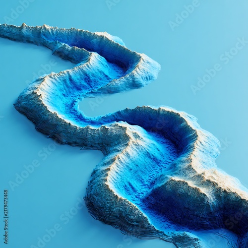 Stylized 3D Topographic Map of a Blue River Canyon with Contour Lines and Flowing Water