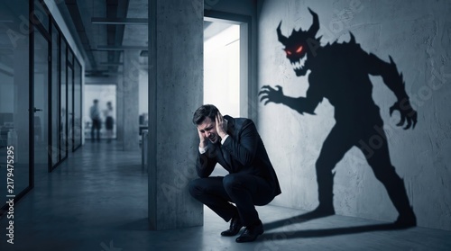 A chilling scene depicts a terrified individual confronted by a monstrous shadowy figure in a long eerie hallway evoking intense fear and