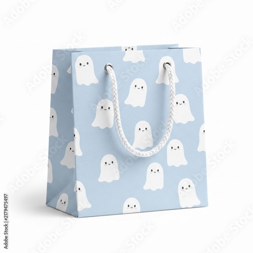 Cute Baby Blue Ghost Halloween Shopping Bag With White Handles.
