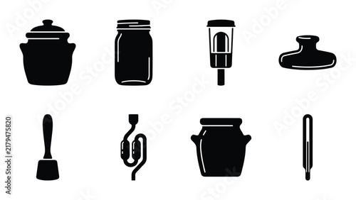 Fermentation Tools Vector Icons Set, Food Preservation Equipment, Kitchen Utensils Collection