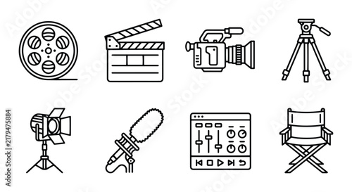 Film Production Icons Set: Camera, Clapperboard, Spotlight, Microphone, Tripod, Director's Chair, Reel, Mixer