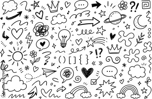 Collection of hand drawn doodles and sketches on a white background featuring stars clouds and abstract shapes