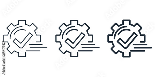 Fast setup, efficient process execution, automated optimization, quick task completion, system performance speed, and verified workflow integration.Vector icons  cog with a checkmark and speed motion