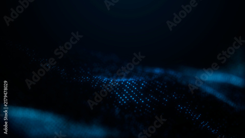Quadro su tela Cyan and blue particle wave flows across a dark futuristic surface, creating a clean motion background for AI, data, network and technology design