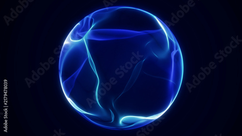 Fotografía Glowing blue and cyan translucent energy sphere floats on a dark background, creating polished futuristic motion visuals for AI, technology and sci-fi design