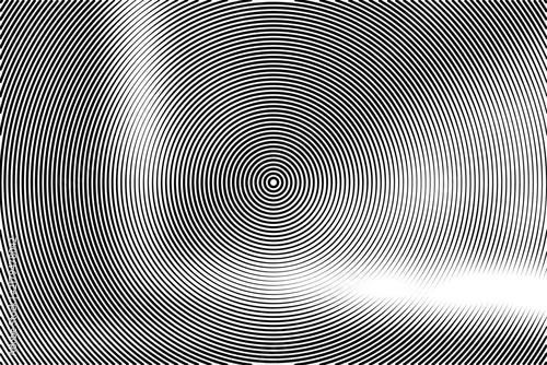 Abstract black and white circular halftone pattern with concentric lines and radial design.