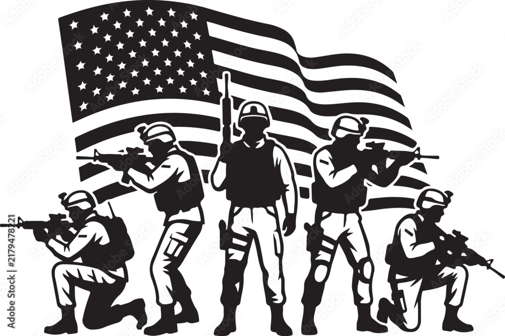 Fototapeta premium Military soldier silhouette with American flag, patriotic army infantry vector, black and white tactical troops illustration