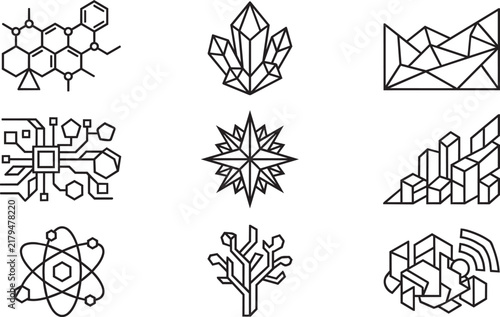 Nine geometric icons featuring scientific and structural line including chemical structures, crystals, mountain peaks, circuits, and city skylines