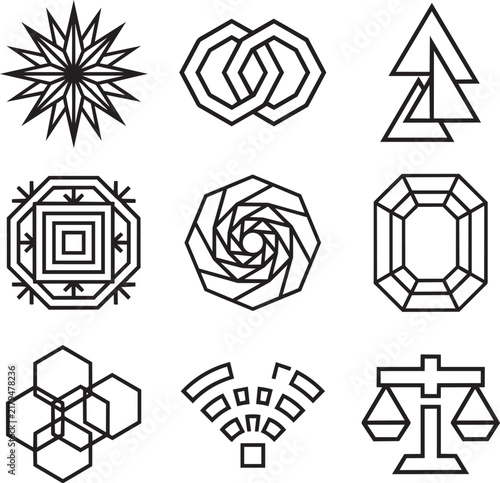 Nine geometric icons featuring intricate line including a starburst, interlocking octagons, triangles, a crystal, and a scale of justice symbol