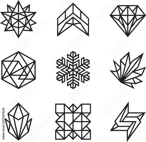 Nine geometric line icons including star shapes, diamond structures, snowflake patterns, and abstract triangular formations