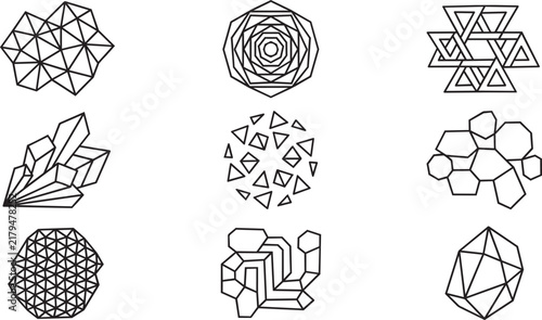 Nine geometric line symbols showcasing complex triangular meshes, circular patterns, crystal formations, and grid-based structures