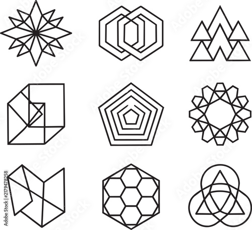 Nine geometric line symbols featuring starbursts, interlocking hexagons, triangular arrangements, and complex grid-based shapes