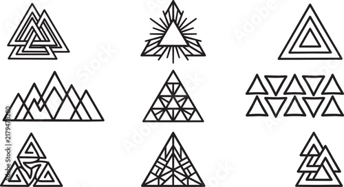 Nine varied black and white geometric triangle icons and line symbols on a white background, for projects