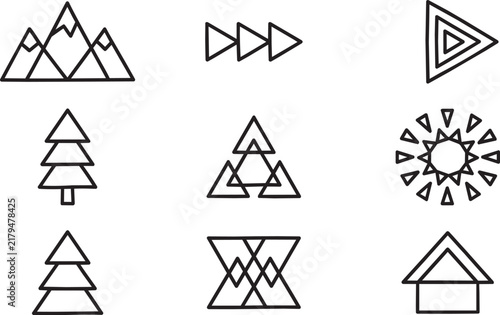Set of minimalist geometric icons featuring mountain peaks, pine trees, arrows, and abstract triangle shapes on a white background