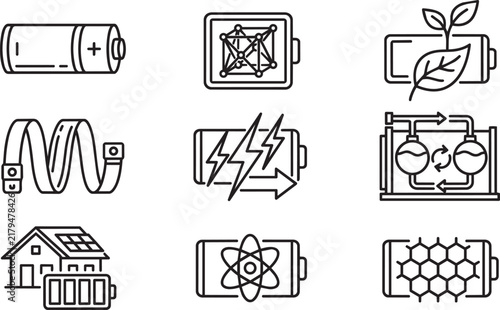 Set of nine black and white line icons representing battery types, molecular structures, eco-friendly energy, and solar power