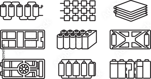 Set of nine black and white line icons illustrating battery pack configurations, cooling systems, and internal cell structures