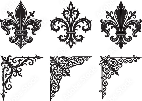 Vintage fleur de lis and ornamental corner set. Heraldic lily symbols and baroque filigree borders. Black vector heraldry icons.