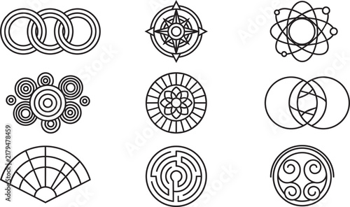 Set of nine geometric line icons featuring circles, chains, compass, atom, labyrinth, and fan shapes on a white background