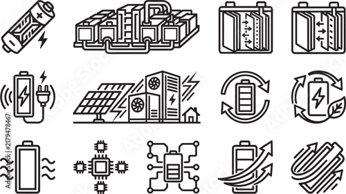 Set of twelve black and white line icons showing battery technology, solar energy, charging, recycling, and electronic chips