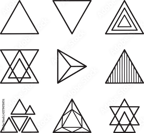 Set of nine minimalist geometric triangle icons featuring various linear patterns and intersecting shapes on a white background