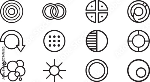 Set of twelve circular icons featuring simple geometric shapes, symbols, and abstract line on a white background