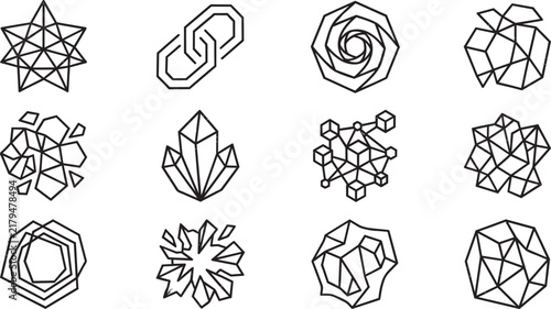 Set of twelve geometric line icons featuring stars, crystals, linked chains, and complex polygon clusters on white background