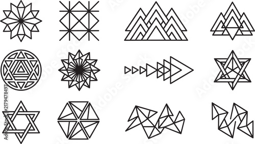 Set of twelve geometric shapes and abstract linear icons including stars, triangles, and circular patterns on a white background