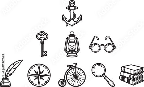 Vintage nautical and exploration icons including anchor, compass, lantern, quill pen, magnifying glass, and books on white background