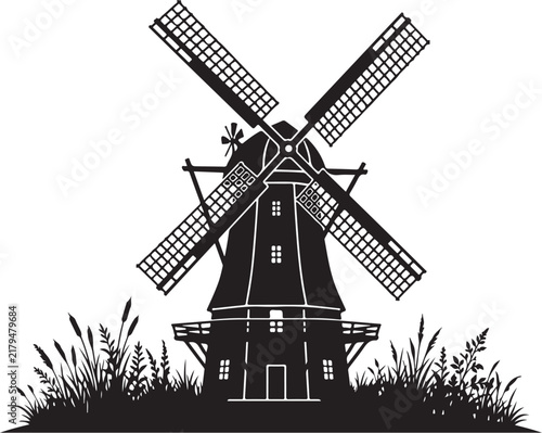 Vintage windmill silhouette vector, traditional rustic farm mill icon, black and white rural landscape element for logo design