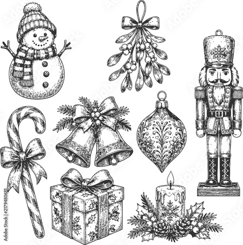 Hand drawn christmas holiday set with snowman, nutcracker, candy cane, bells, gift, ornament, mistletoe, and candle