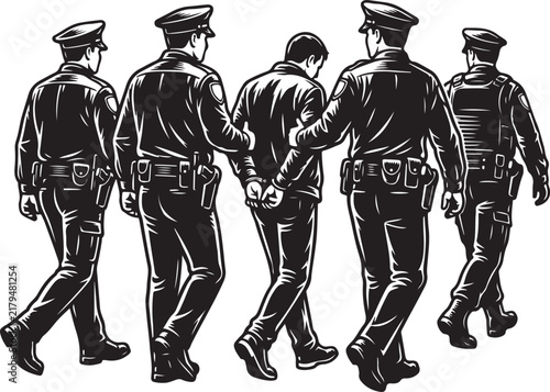 Police arrest suspect vector illustration, law enforcement officers escorting handcuffed criminal, black and white crime scene graphic