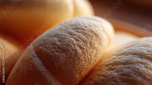 Close-up of freshly baked soft bread rolls with golden crust and fluffy texture on a wooden surface