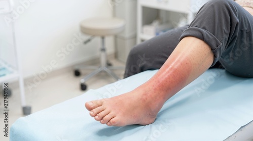 Patient resting a swollen and red leg on a medical examination table. Skin inflammation and cellulitis infection concept in a clinical setting