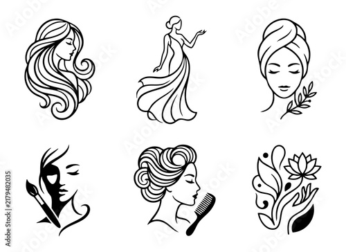Naklejka Set of beauty and spa line art logo templates featuring elegant women and wellness elements.