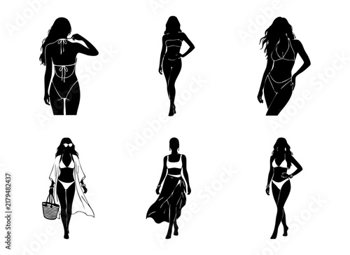 Картината върху платно Set of six female silhouettes in swimwear and beachwear fashion poses vector illustration
