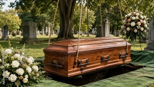 Wooden coffin suspended by ropes over an open grave in a cemetery. Traditional burial service and funeral ceremony. Final resting place and mourning concept